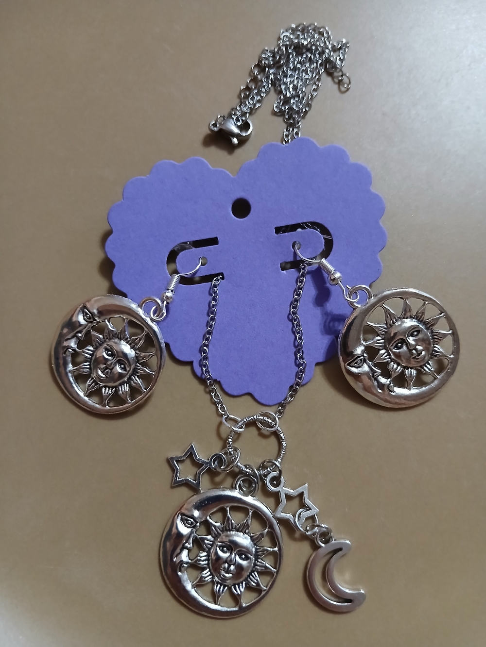 Sun & Moon Silver-Tone Necklace and Earring Set